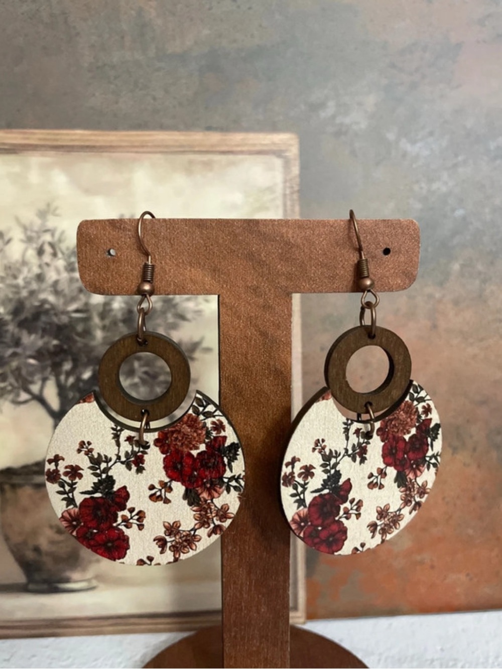 Brand new Red Floral Drop Earrings with Wooden Hoop Accent